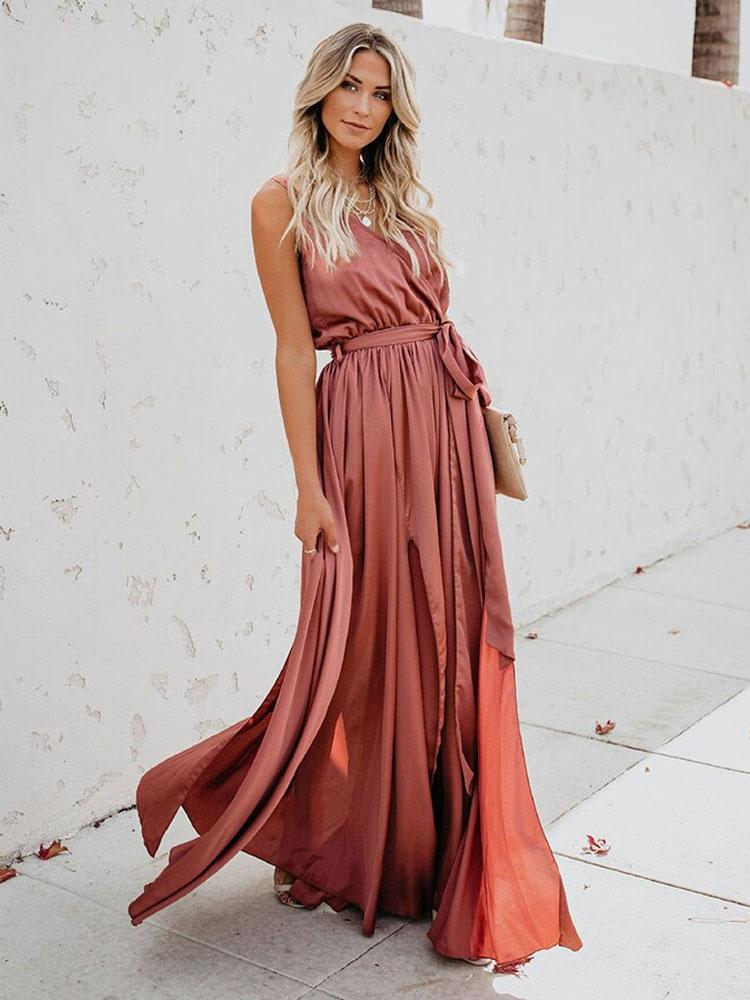 V-Neck Sleeveless Knotted Slit Prom Wrap Maxi Dress