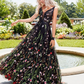 Black V-Neck Sleeveless Flower Embroidered Tulle Maxi Dress