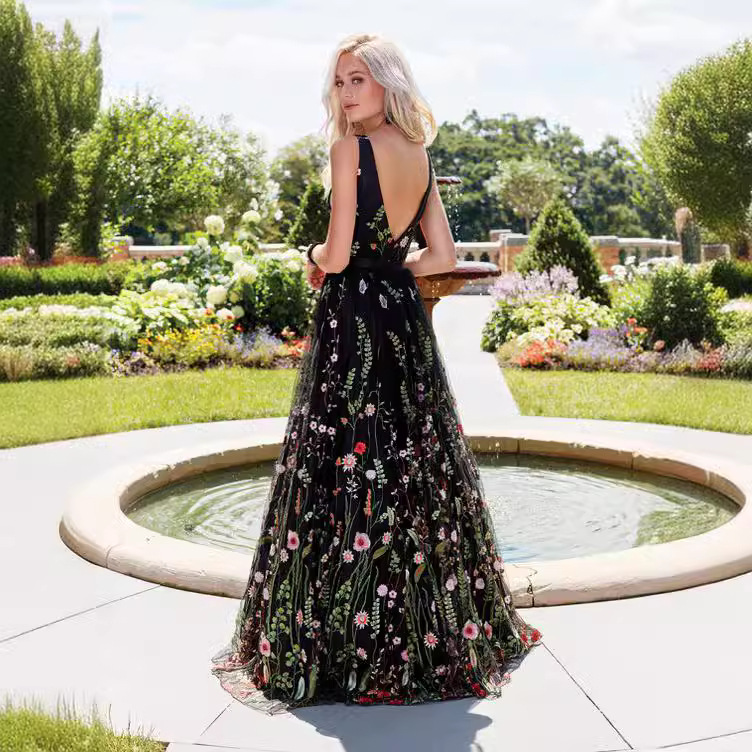 Black V-Neck Sleeveless Flower Embroidered Tulle Maxi Dress