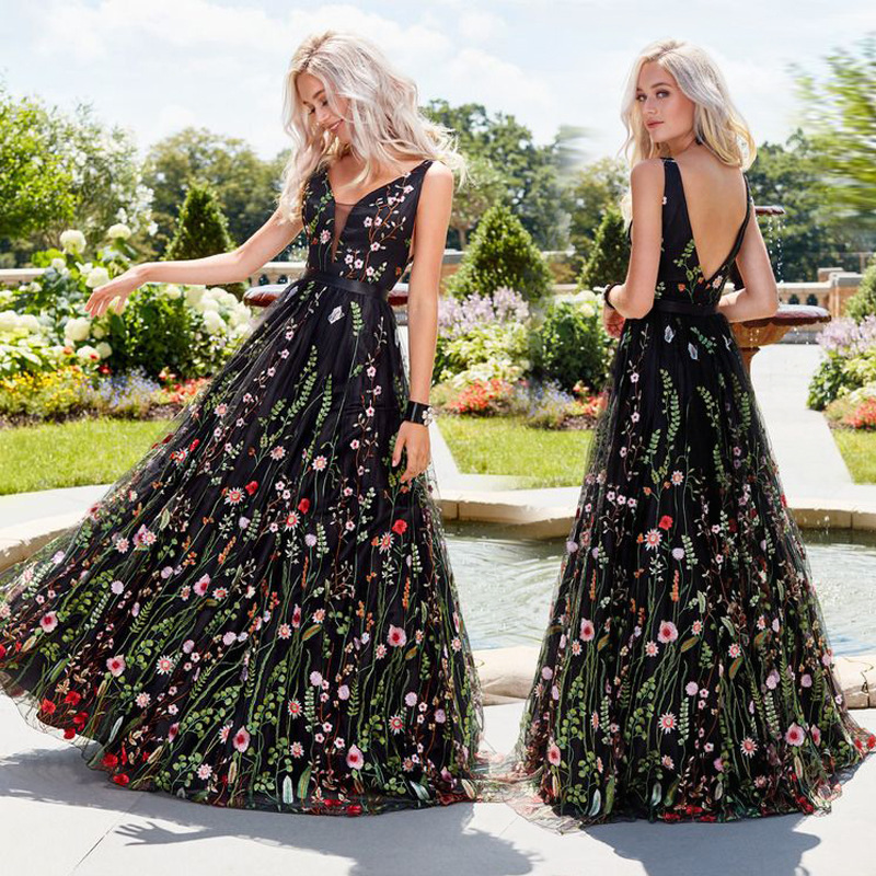 Black V-Neck Sleeveless Flower Embroidered Tulle Maxi Dress