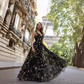 Black V-Neck Sleeveless Flower Embroidered Tulle Maxi Dress