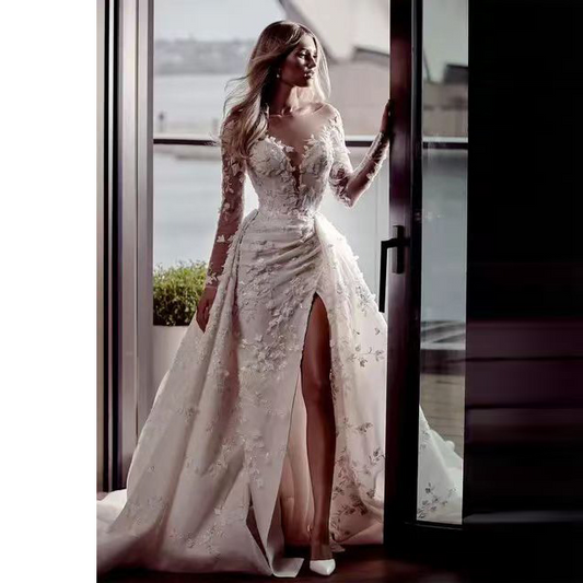 Luxury Lace Long Sleeves Slit Wedding Dresses