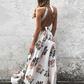 White Halter Sleeveless Backless Floral Printed Slit Maxi Dress