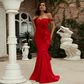 Red Off-Shoulder Sleeveless Evening Dress