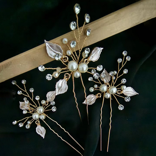 Gold Pearl Rhinestones and Leaves Hair Pin