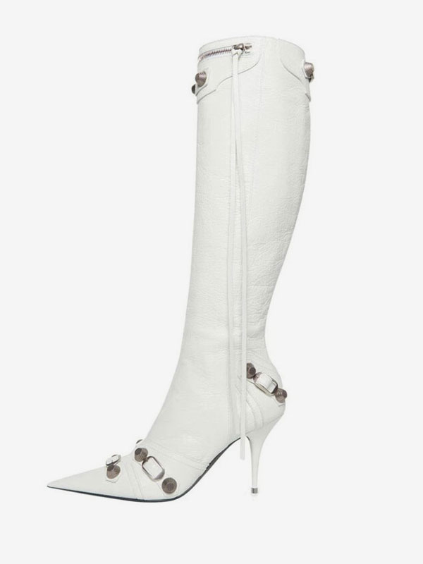 Bright Leather Pointed Toe Stiletto Knee High Boots