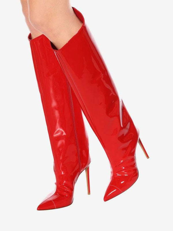 Bright Leather Point Toe Stiletto Heel Knee High Boots