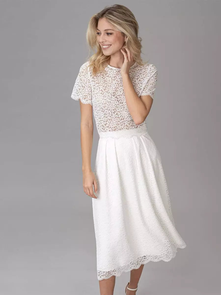 Jewel Neck Lace Cut Out Tea-Length Mini Wedding Dress