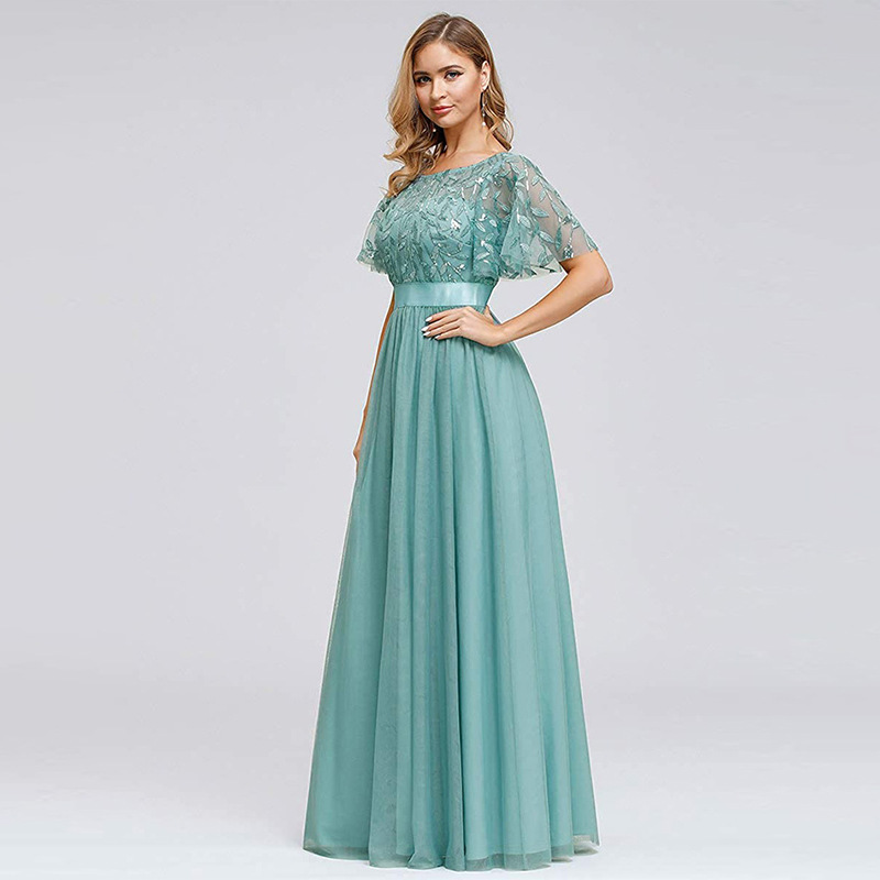 Lace Embroidered Short Sleeves Evening Dress