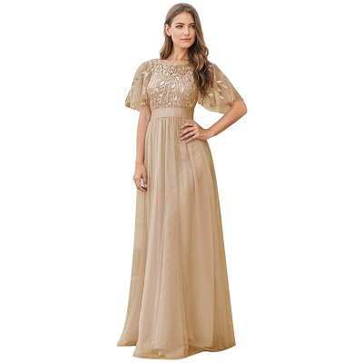 Lace Embroidered Short Sleeves Evening Dress