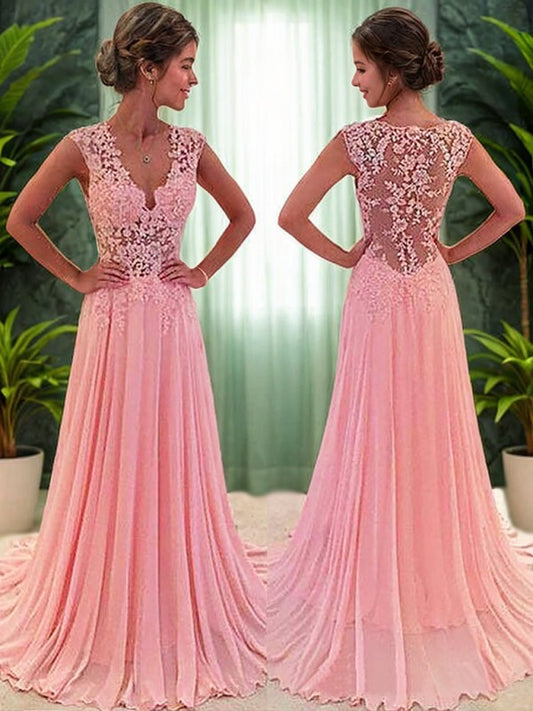 Chiffon A-Lines Sleeveless Lace V-neck Brush Train Prom Dress