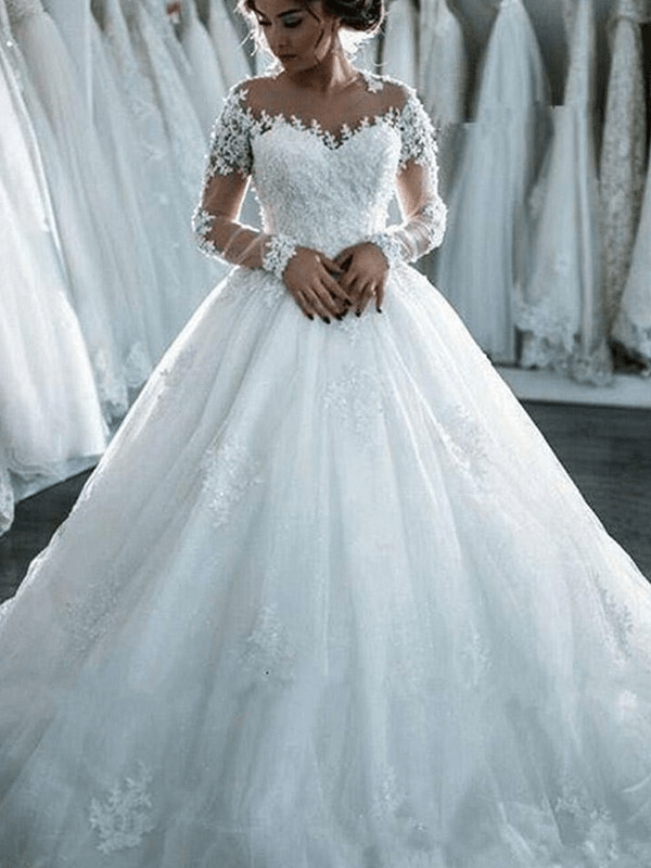 Applique Tulle Scoop Long Sleeves Court Train Ball Gown Wedding Dress