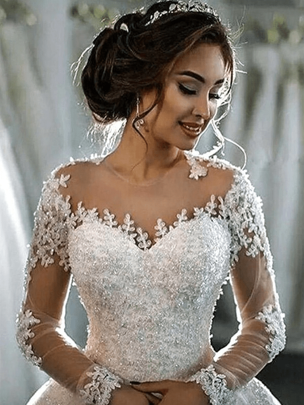 Applique Tulle Scoop Long Sleeves Court Train Ball Gown Wedding Dress