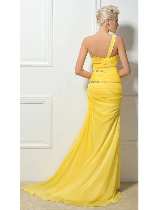 Chiffon One Shoulder Sleeveless Brush Train Column Evening Dress